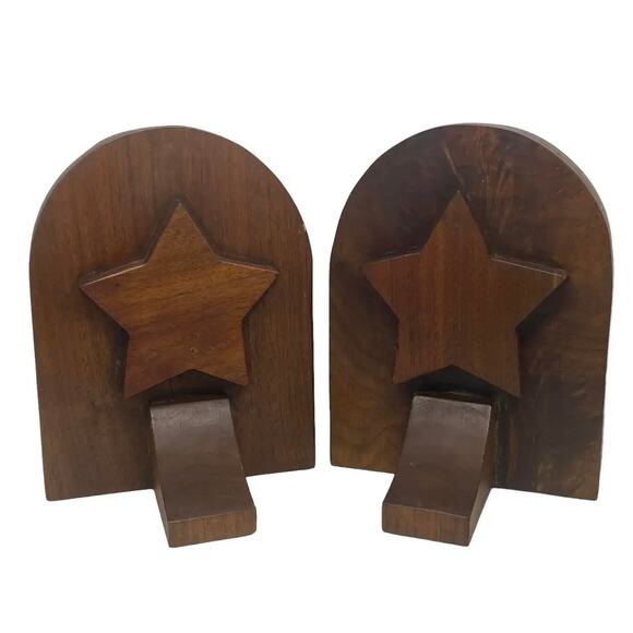Mid 20th Century Rustic Handcrafted Mahogany Bookends With Star Motif - A Pair - Picture 13 of 13